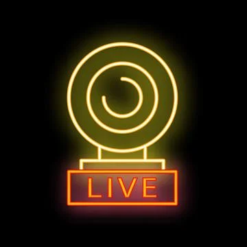 Neon web camera live streaming sign on black background 스톡 일러스트