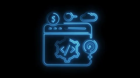 Neon web development interface with dollar sign,cloud computing,and female .. Stock Footage 308997748