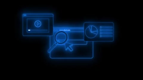 Neon web search and analytics icons, Glowing neon web search and analytics .. Stockbeeldmateriaal 334764797