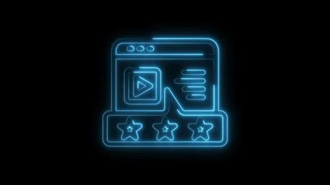 Neon webpage video content and testimonials with star ratings on black back.. Stock Footage 312316759