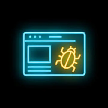 Neon website bug icon glowing on black background 스톡 일러스트