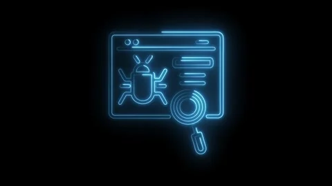 Neon website bug search animation glowing on black background showing cyber.. Video stock 345993148