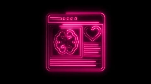 Neon website interface with brain and heart icons glowing pink on black Stock Footage 322971957