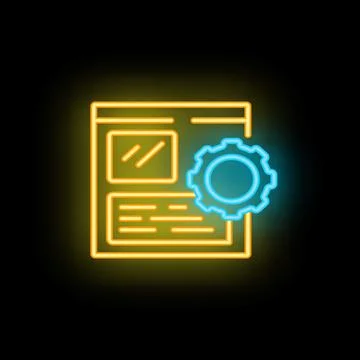 Neon website interface undergoing optimization with gear symbol Illustrazione stock