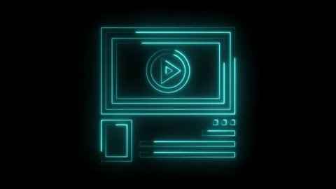 Neon website mockup interface with media player in cyan glow on black Stock Footage 322975528