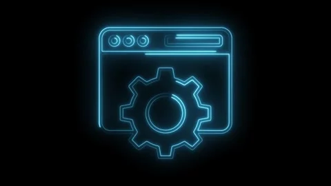 Neon website settings panel with cog icon glowing on dark background Stock Footage 312307273