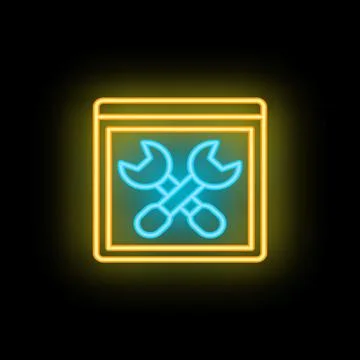 Neon website under construction with crossed wrenches signifying maintenanc.. Illustrazione stock