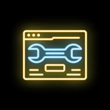 Neon website under construction with wrench icon on black background Stock Illustration