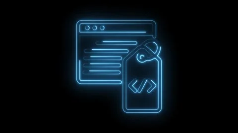 Neon website window and tag illustrating software development and programming Stock Footage 330782632