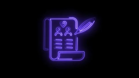 Neon wedding invitation document with heart symbol and quill on a black Stock Footage 330774413