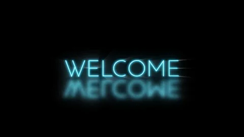 Neon Welcome flicker text with blue glow and reflection on black background Stock Footage 317596195
