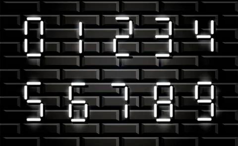 Neon white electronic digital numbers on grunge brick wall. Vector Stock Illustration