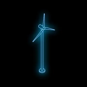 Neon wind turbine generating renewable energy on black background Stock Illustration