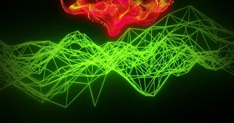 Neon wire mesh moving, reacting to red-yellow point cloud dropping and melding Stock Footage 328246743