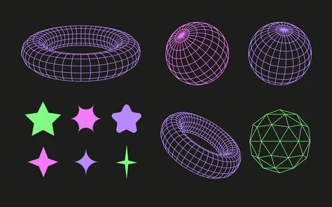 Neon wireframe 3D geometric Globe shapes set 스톡 일러스트
