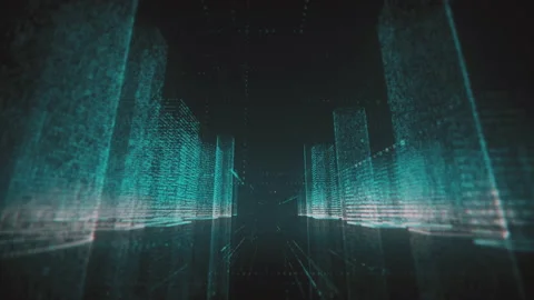 Neon wireframe of abstract digital city business center with skyscrapers which Video stock 136480646