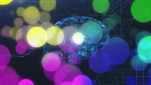 Neon wireframe brain rotating, pulsing as light orbs drifting obscuring lines Stock Footage 334465693