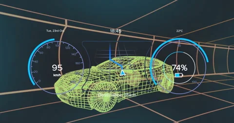 Neon wireframe car animating on digital dashboard, showing speed gauge battery Video stock 309145275