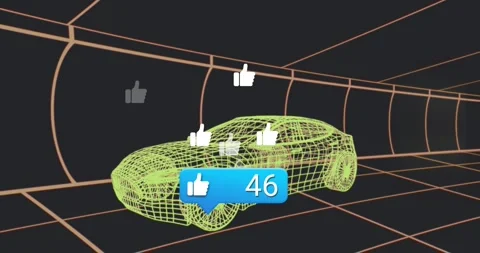 Neon wireframe car sitting blue badge popping by wheel counter rising thumbs Stock Footage 327784777