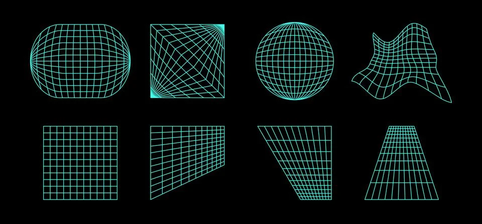 Neon wireframe elements collection. Geometric surface grid of different shape イラスト素材
