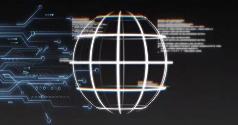 Neon wireframe globe pulsing and merging incoming data with left circuitry Stock Footage 331109496
