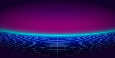Neon wireframe grid bends toward a glowing magenta void. Pure synthwave. Retro 스톡 일러스트