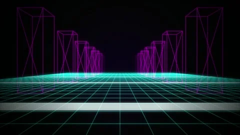 Neon wireframe grid cyber city corridor seamless loop motion Stock Footage 346332221