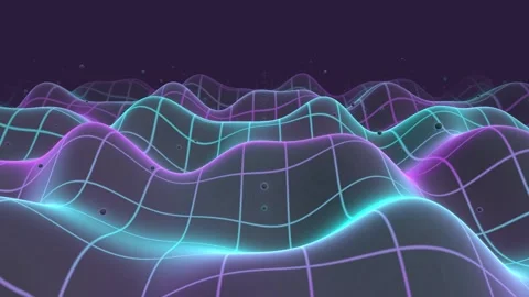 Neon wireframe grid landscape with glowing purple and cyan waves in retro Stock Footage 334930088