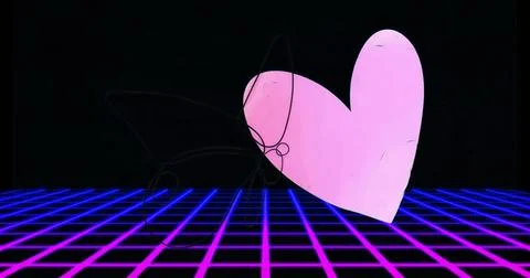 Neon wireframe grid receding in virtual space, featuring pastel pink heart Illustrazione stock