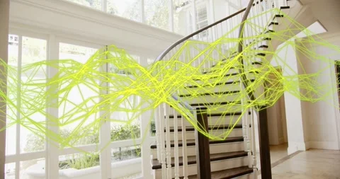 Neon wireframe mesh emerging left windows, sweeping right past staircase, Stock Footage 321301910