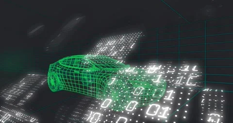 Neon wireframe sedan floating in dark space as binary panels approaching Stock Footage 321783226