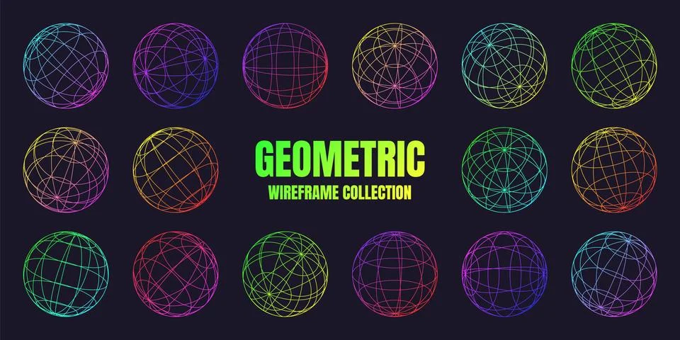 Neon wireframe shapes, lined sphere. Perspective mesh, 3d grid. Low poly Stock Illustration