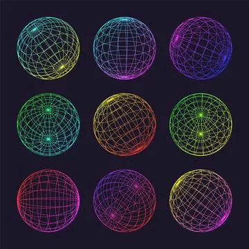 Neon wireframe shapes, lined sphere. Perspective mesh, 3d grid. Low poly Stock Illustration