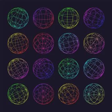 Neon wireframe shapes, lined sphere. Perspective mesh, 3d grid. Low poly Stock Illustration