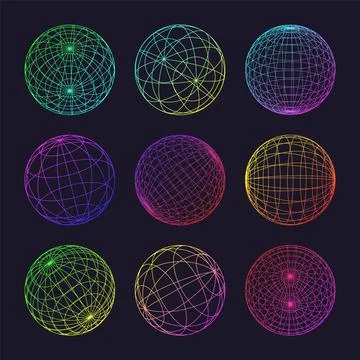 Neon wireframe shapes, lined sphere. Perspective mesh, 3d grid. Low poly Stock Illustration