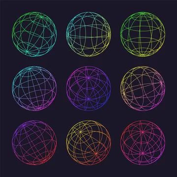 Neon wireframe shapes, lined sphere. Perspective mesh, 3d grid. Low poly Stock Illustration