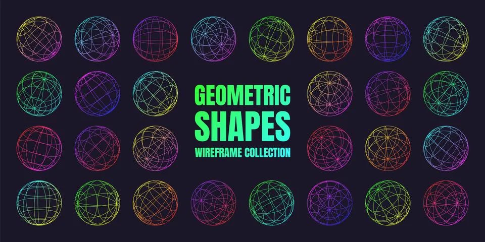 Neon wireframe shapes, lined sphere. Perspective mesh, 3d grid. Low poly Stock Illustration