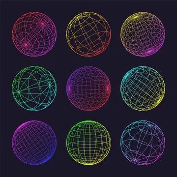 Neon wireframe shapes, lined sphere. Perspective mesh, 3d grid. Low poly Stock Illustration