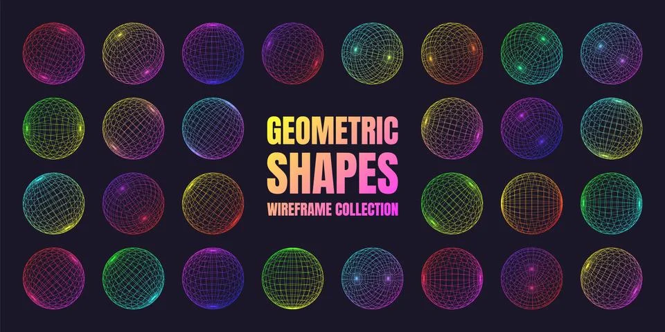 Neon wireframe shapes, lined sphere. Perspective mesh, 3d grid. Low poly Stock-Illustration