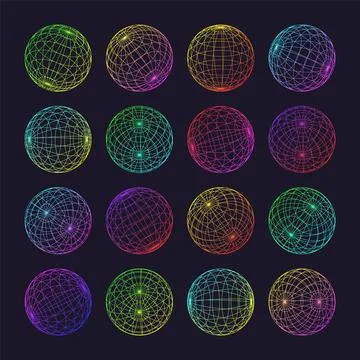 Neon wireframe shapes, lined sphere. Perspective mesh, 3d grid. Low poly Stock-Illustration