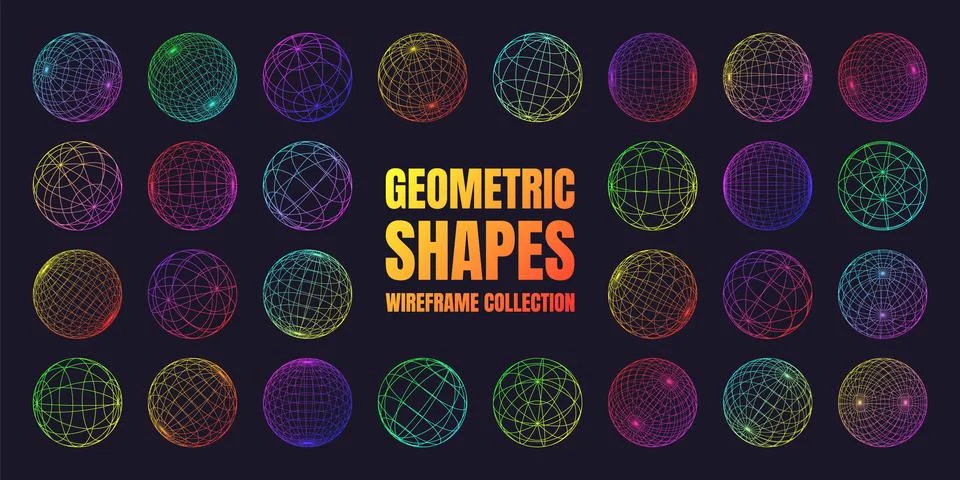 Neon wireframe shapes, lined sphere. Perspective mesh, 3d grid. Low poly Stock Illustration