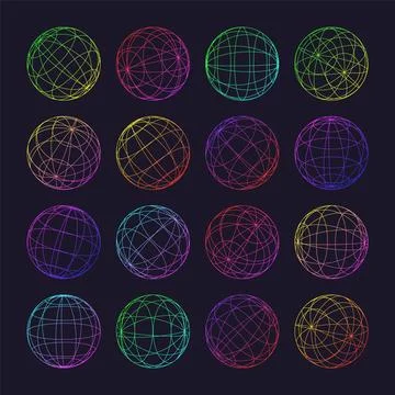 Neon wireframe shapes, lined sphere. Perspective mesh, 3d grid. Low poly Stock Illustration