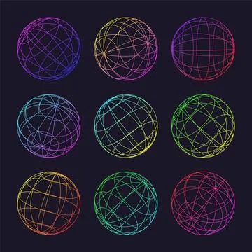 Neon wireframe shapes, lined sphere. Perspective mesh, 3d grid. Low poly Stock Illustration