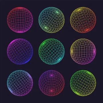 Neon wireframe shapes, lined sphere. Perspective mesh, 3d grid. Low poly Stock Illustration