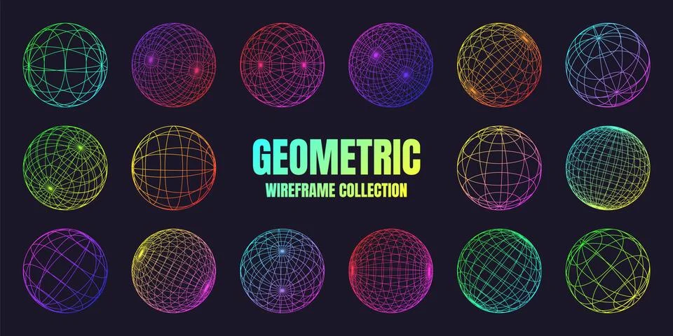 Neon wireframe shapes, lined sphere. Perspective mesh, 3d grid. Low poly Stock Illustration