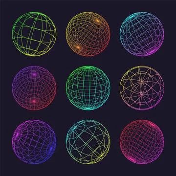 Neon wireframe shapes, lined sphere. Perspective mesh, 3d grid. Low poly Stock Illustration