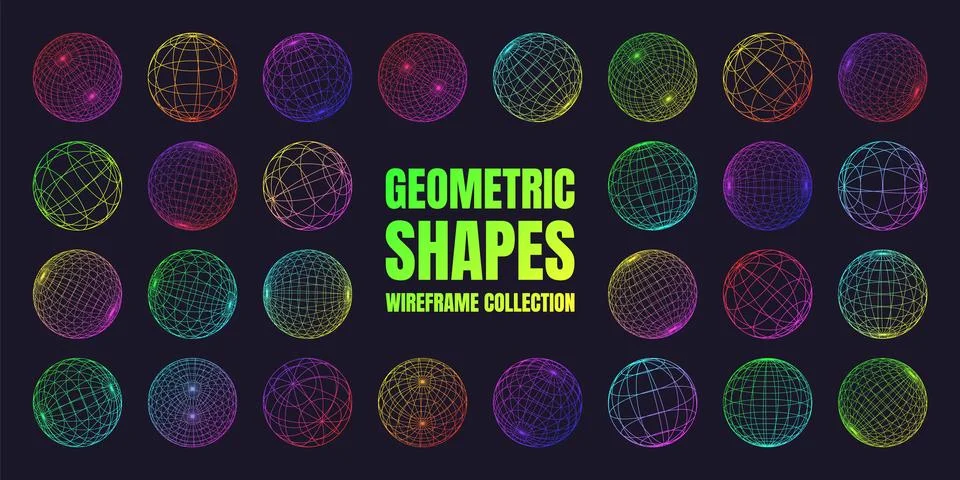 Neon wireframe shapes, lined sphere. Perspective mesh, 3d grid. Low poly Stock Illustration