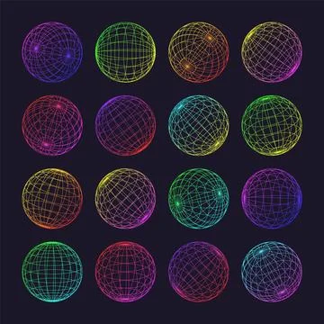 Neon wireframe shapes, lined sphere. Perspective mesh, 3d grid. Low poly Stock Illustration