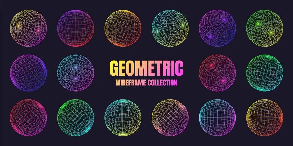 Neon wireframe shapes, lined sphere. Perspective mesh, 3d grid. Low poly Stock Illustration