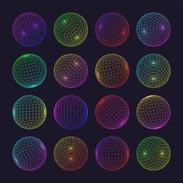 Neon wireframe shapes, lined sphere. Perspective mesh, 3d grid. Low poly Stock Illustration